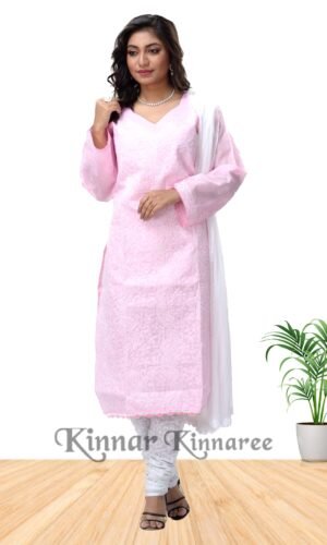 Lucknow Chikankari Cotton Kurti With Pure Chiffon Dupatta & Cotton Chikankari Paijama