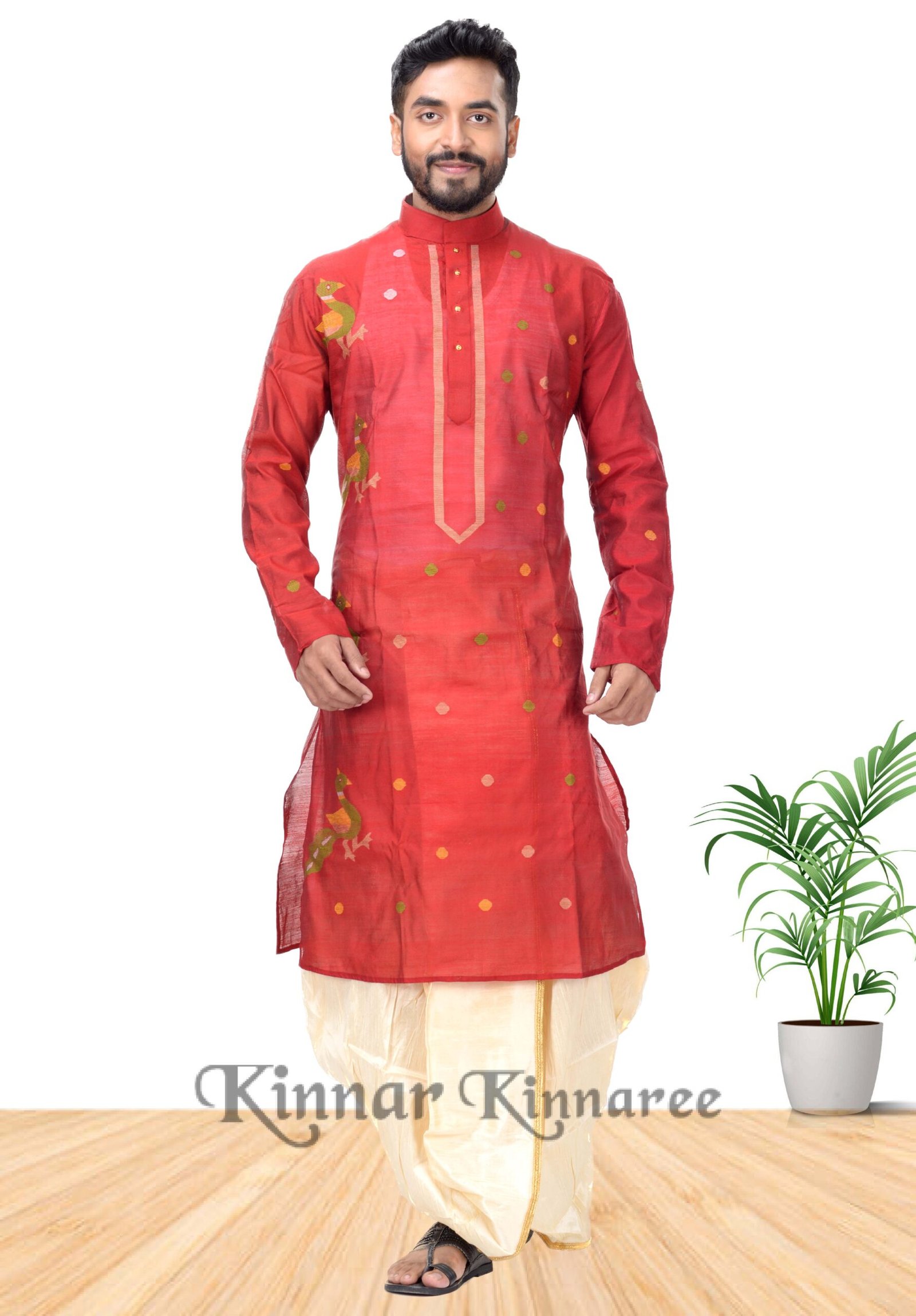 Zamdani Panjabi & Golden Border Fancy Silk Dhuti