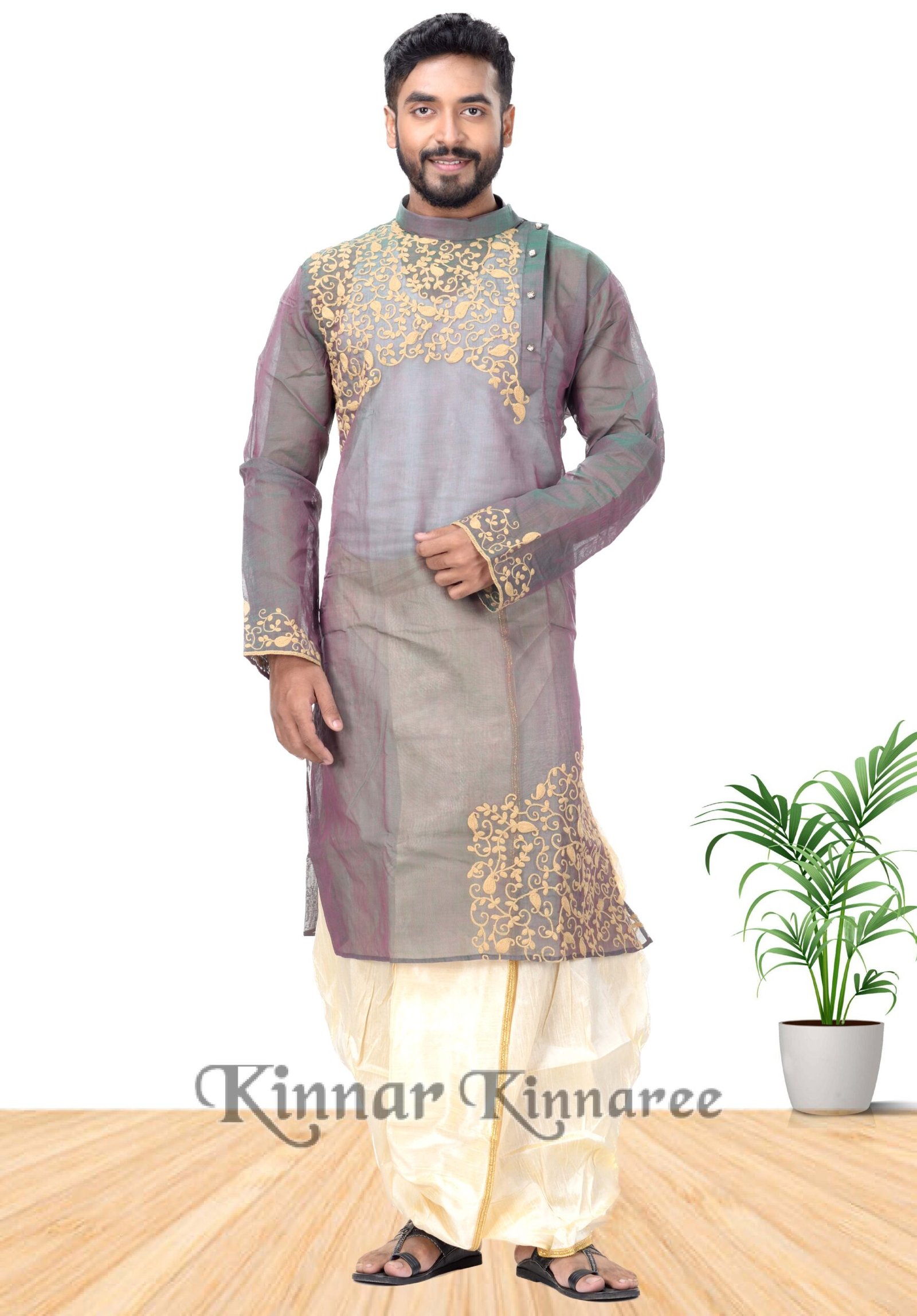 Side Button Designer Panjabi On Tant & Fancy Dhuti